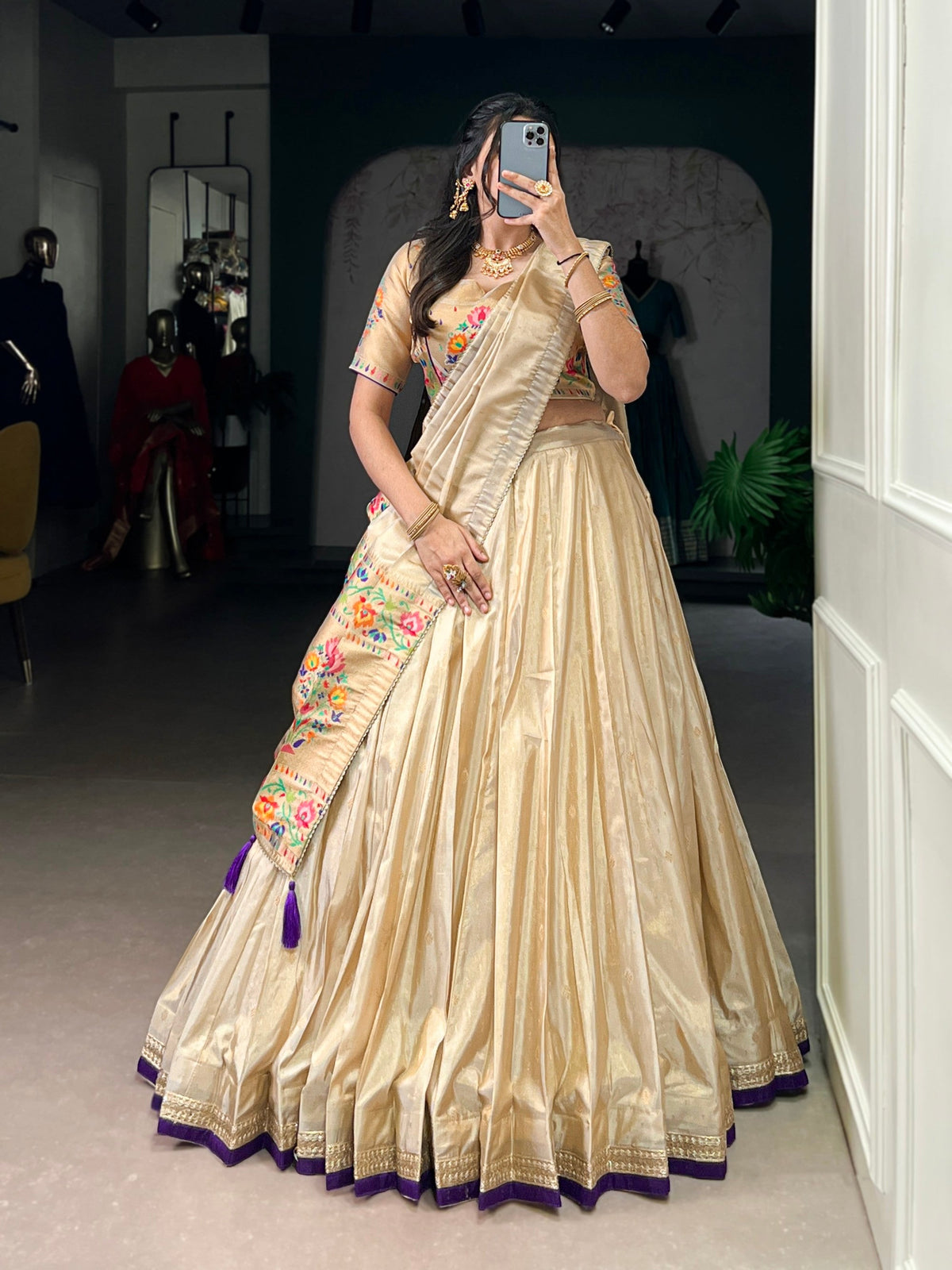 Lorenvalley Fashion Cream Shimmer Paithani Zari Weaving Work Lehenga Choli with Dupatta | Grocsy