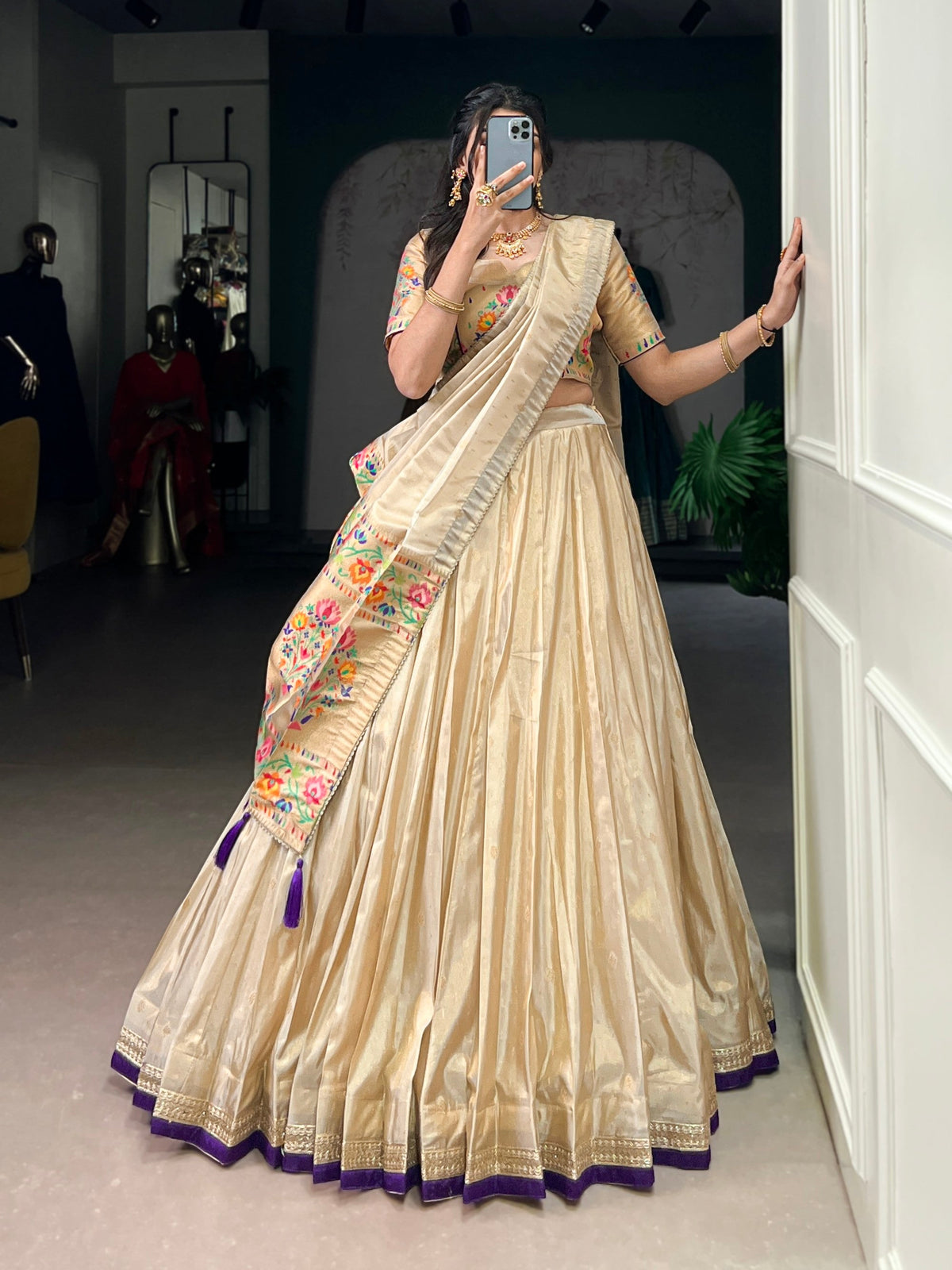 Lorenvalley Fashion Cream Shimmer Paithani Zari Weaving Work Lehenga Choli with Dupatta | Grocsy