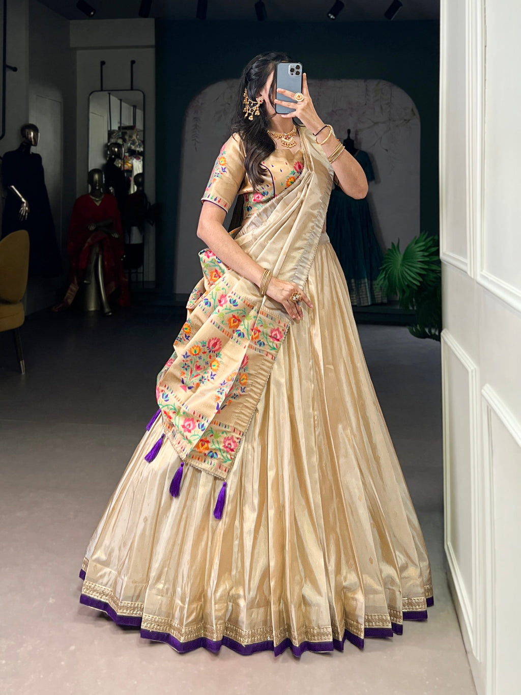 Lorenvalley Fashion Cream Shimmer Paithani Zari Weaving Work Lehenga Choli with Dupatta | Grocsy