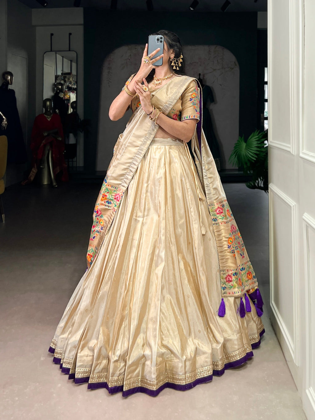 Lorenvalley Fashion Cream Shimmer Paithani Zari Weaving Work Lehenga Choli with Dupatta | Grocsy