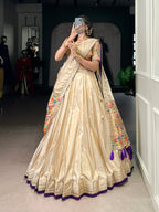 Lorenvalley Fashion Cream Shimmer Paithani Zari Weaving Work Lehenga Choli with Dupatta | Grocsy