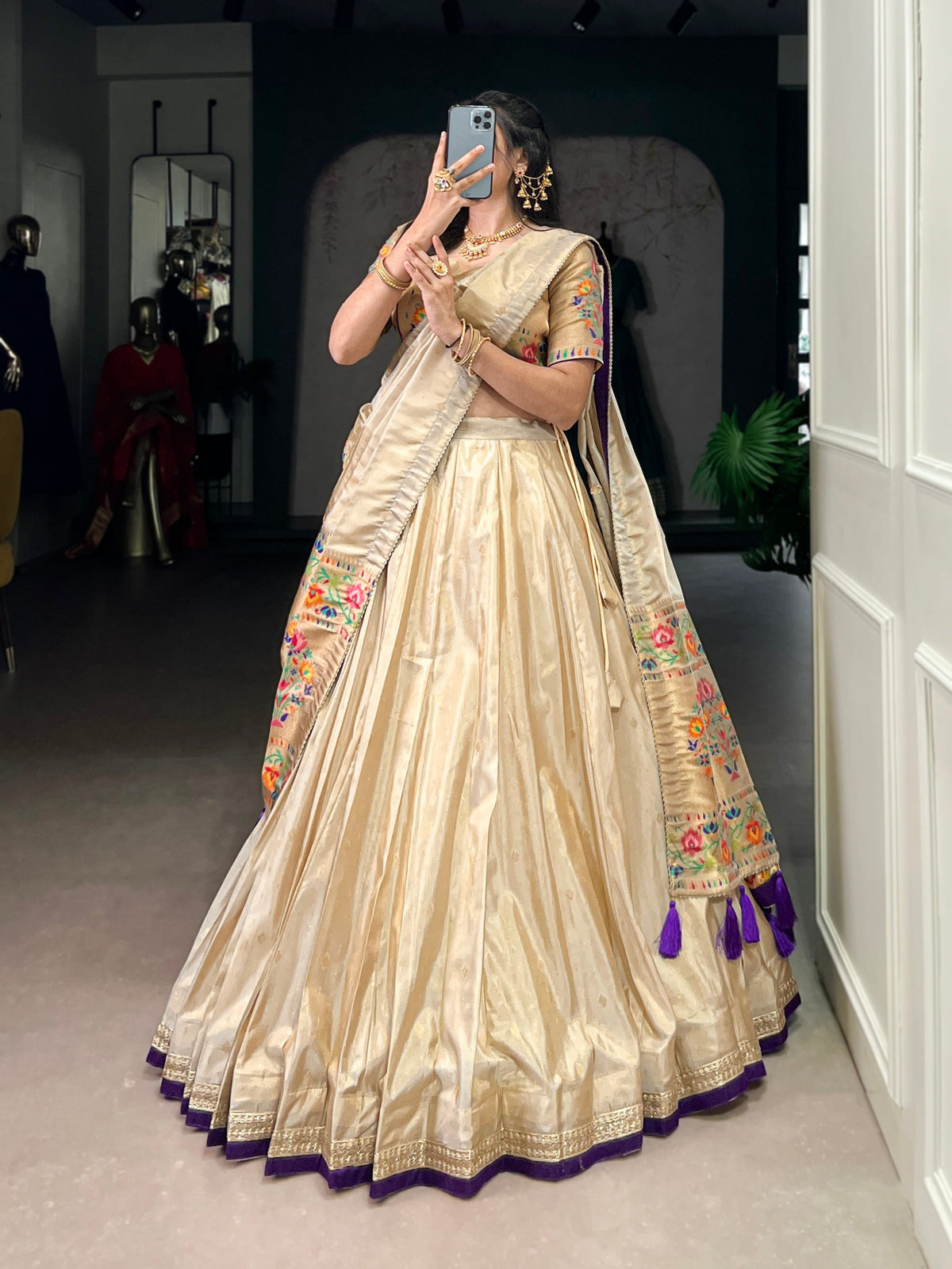 Lorenvalley Fashion Cream Shimmer Paithani Zari Weaving Work Lehenga Choli with Dupatta | Grocsy