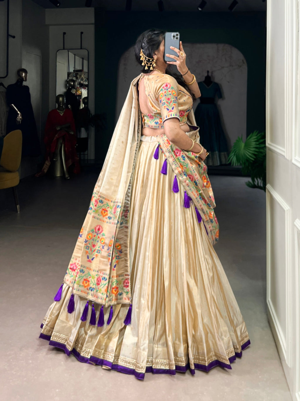 Lorenvalley Fashion Cream Shimmer Paithani Zari Weaving Work Lehenga Choli with Dupatta | Grocsy