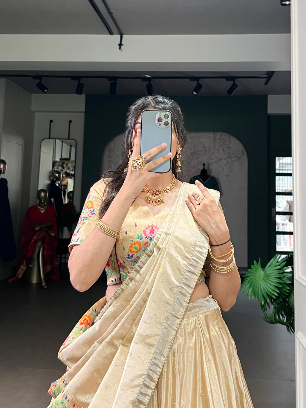Lorenvalley Fashion Cream Shimmer Paithani Zari Weaving Work Lehenga Choli with Dupatta | Grocsy
