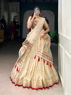 Lorenvalley Fashion Cream Shimmer Paithani Zari Weaving Work Lehenga Choli with Dupatta | Grocsy