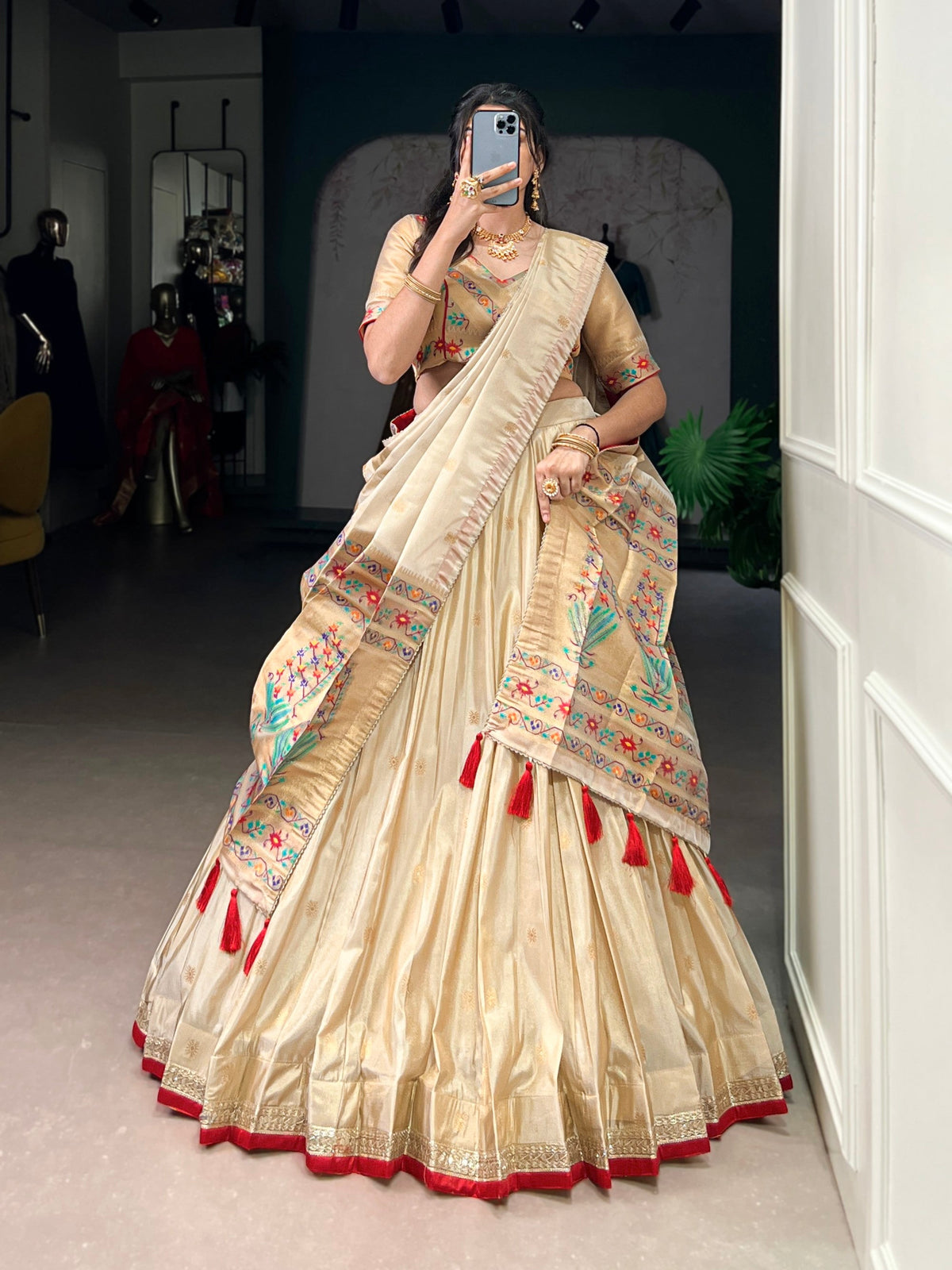 Lorenvalley Fashion Cream Shimmer Paithani Zari Weaving Work Lehenga Choli with Dupatta | Grocsy