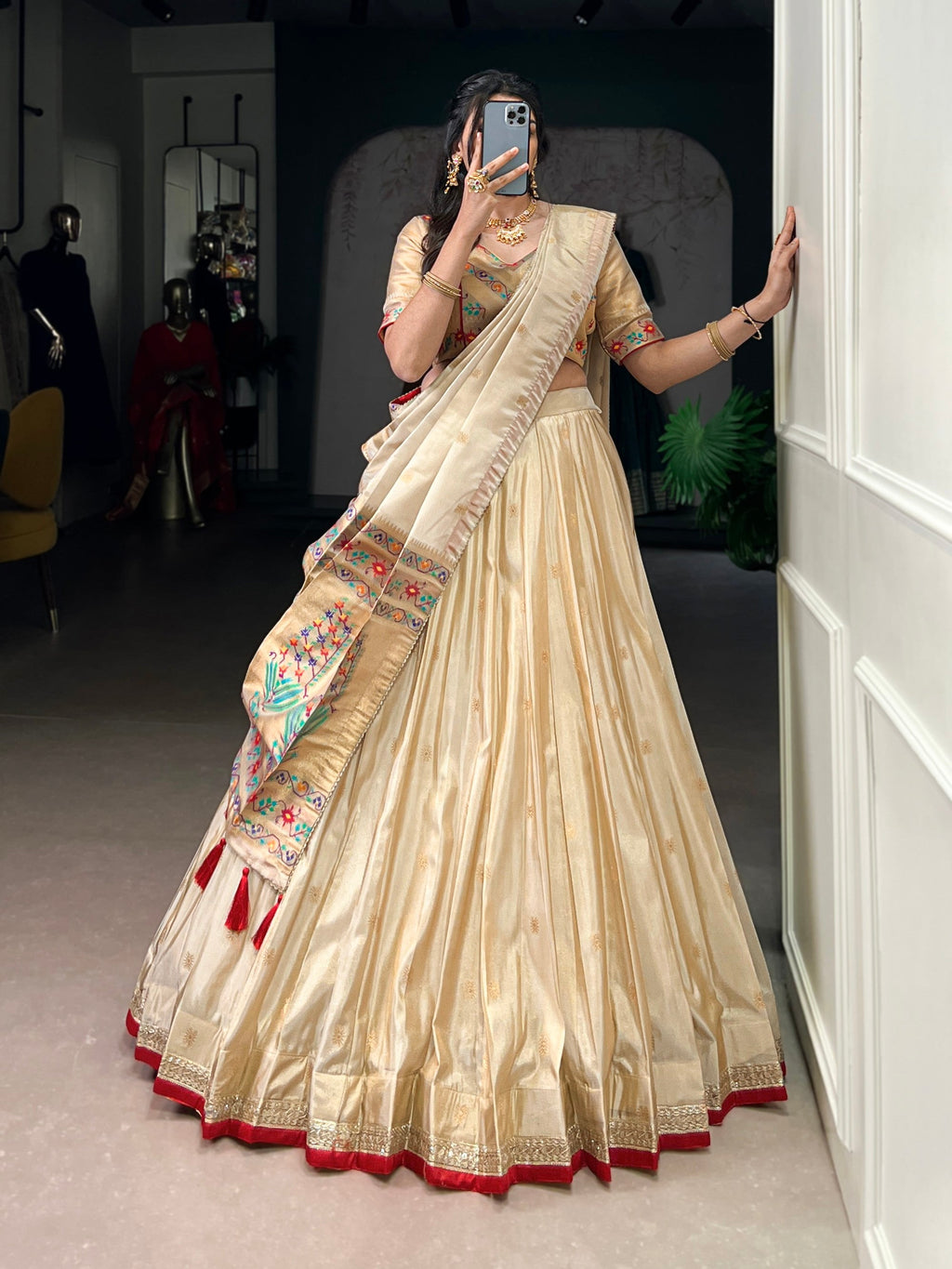 Lorenvalley Fashion Cream Shimmer Paithani Zari Weaving Work Lehenga Choli with Dupatta | Grocsy