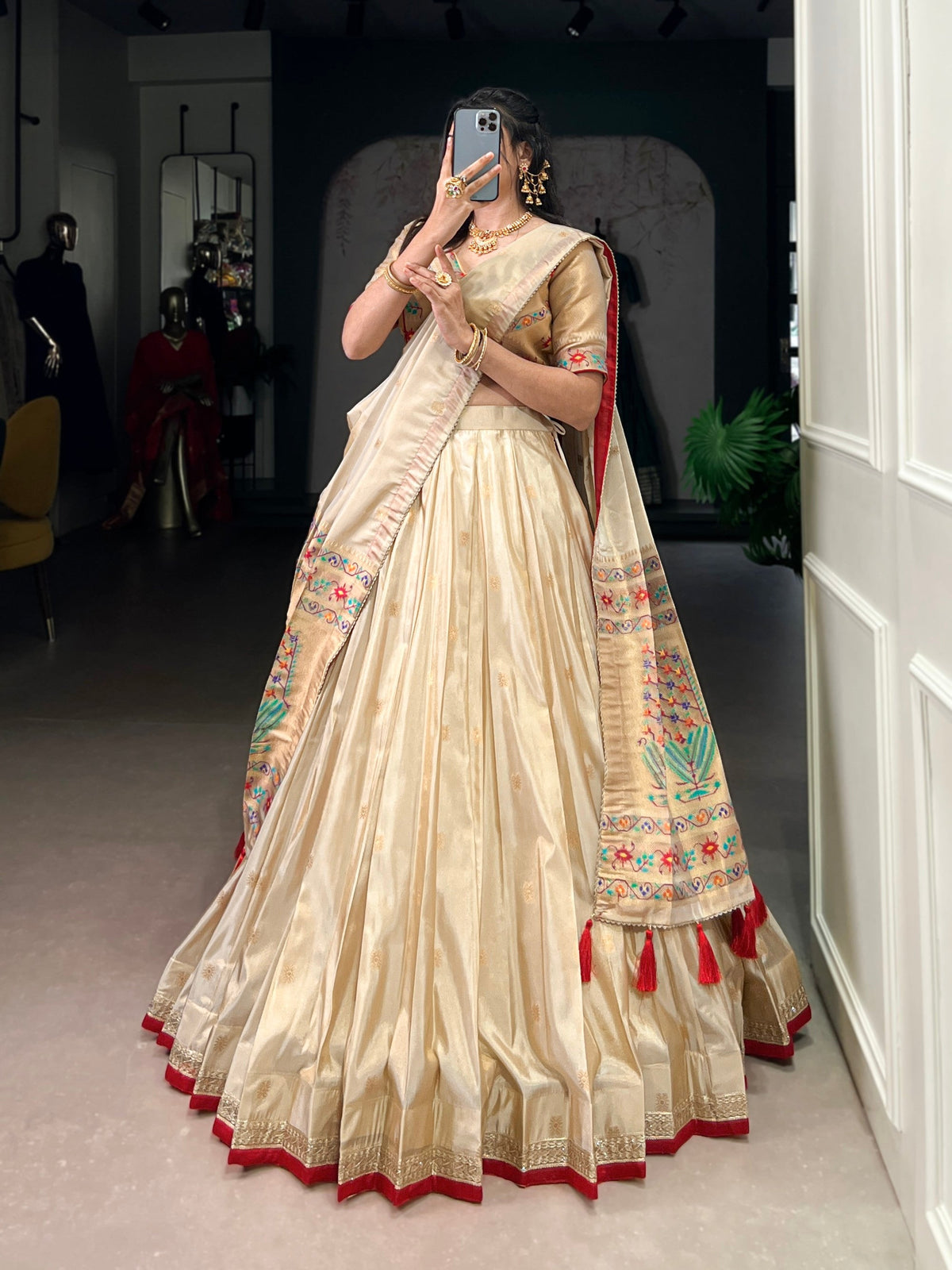 Lorenvalley Fashion Cream Shimmer Paithani Zari Weaving Work Lehenga Choli with Dupatta | Grocsy