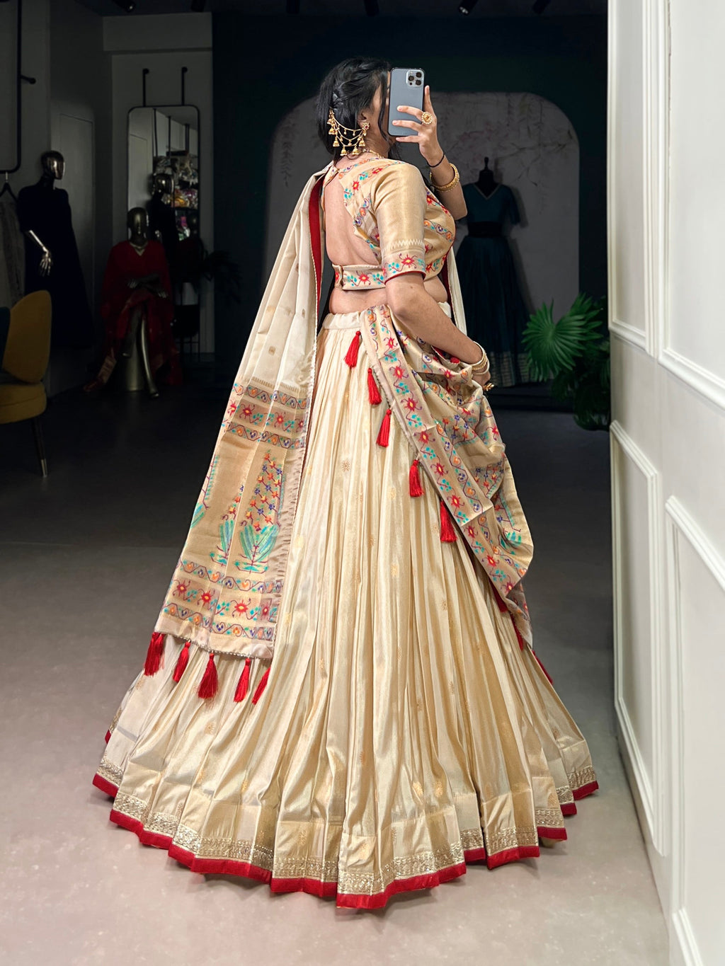 Lorenvalley Fashion Cream Shimmer Paithani Zari Weaving Work Lehenga Choli with Dupatta | Grocsy