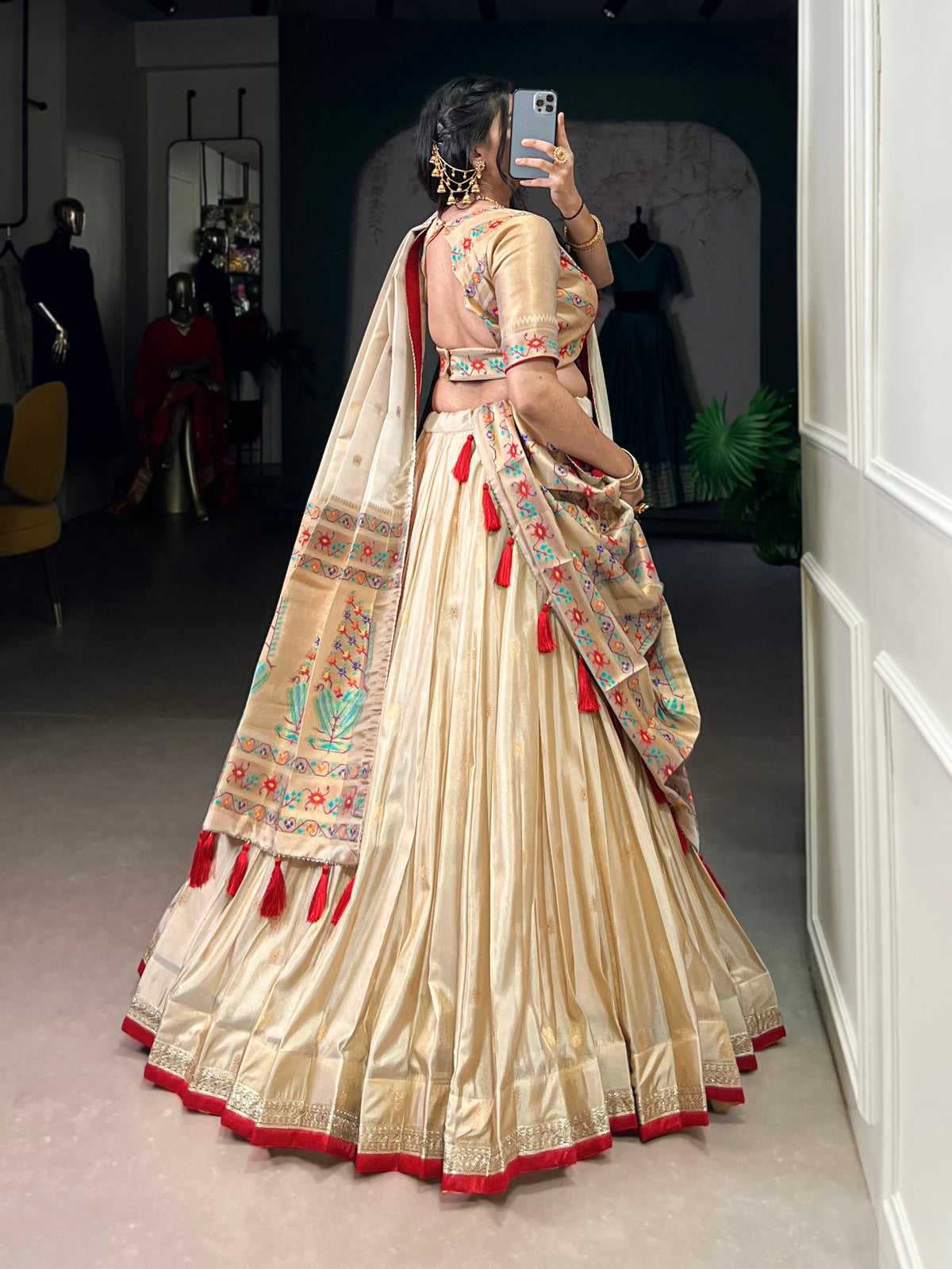 Lorenvalley Fashion Cream Shimmer Paithani Zari Weaving Work Lehenga Choli with Dupatta | Grocsy