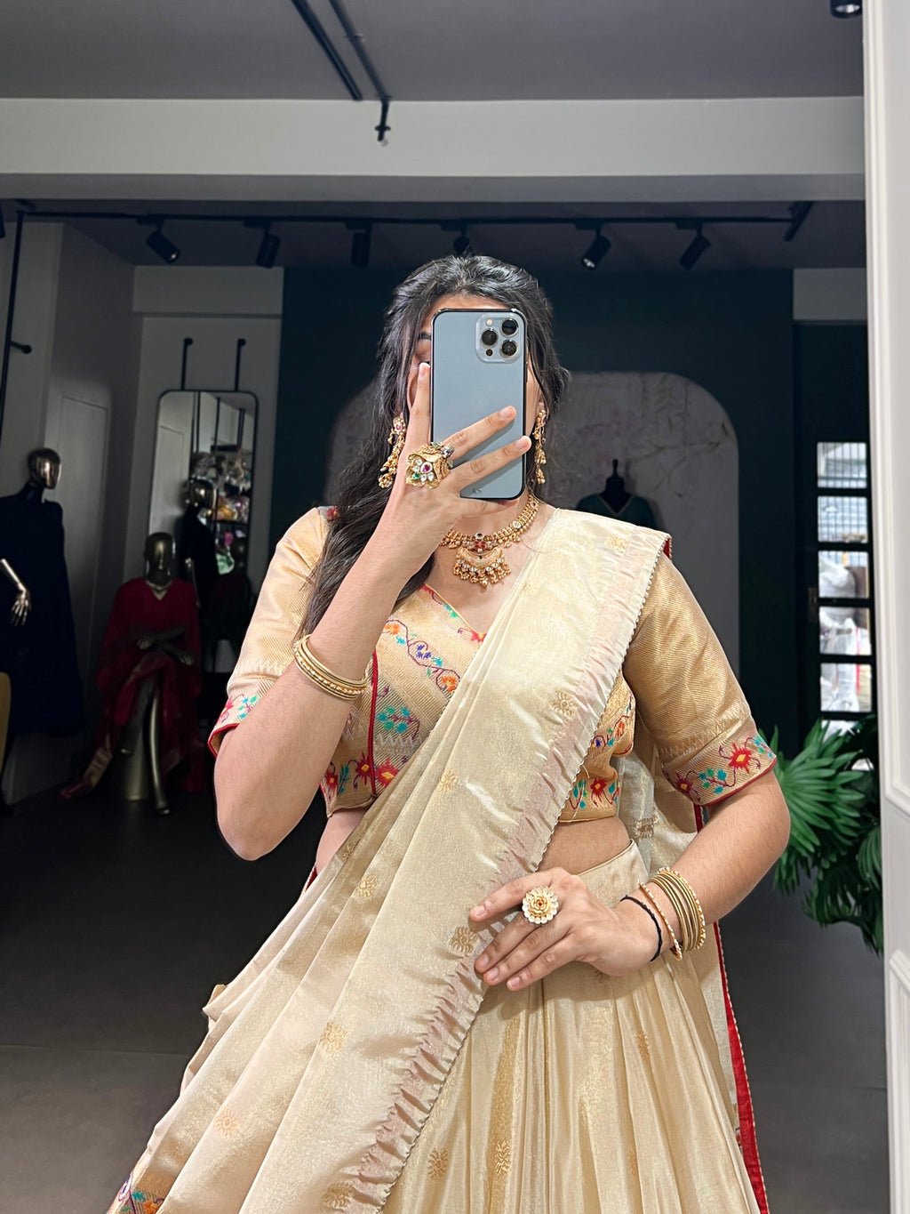 Lorenvalley Fashion Cream Shimmer Paithani Zari Weaving Work Lehenga Choli with Dupatta | Grocsy