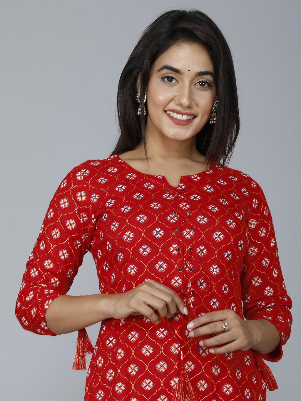 HERE&NOW Women Red Ethnic Motifs Printed Mirror Work Kurta | Grocsy