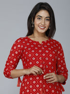 HERE&NOW Women Red Ethnic Motifs Printed Mirror Work Kurta | Grocsy