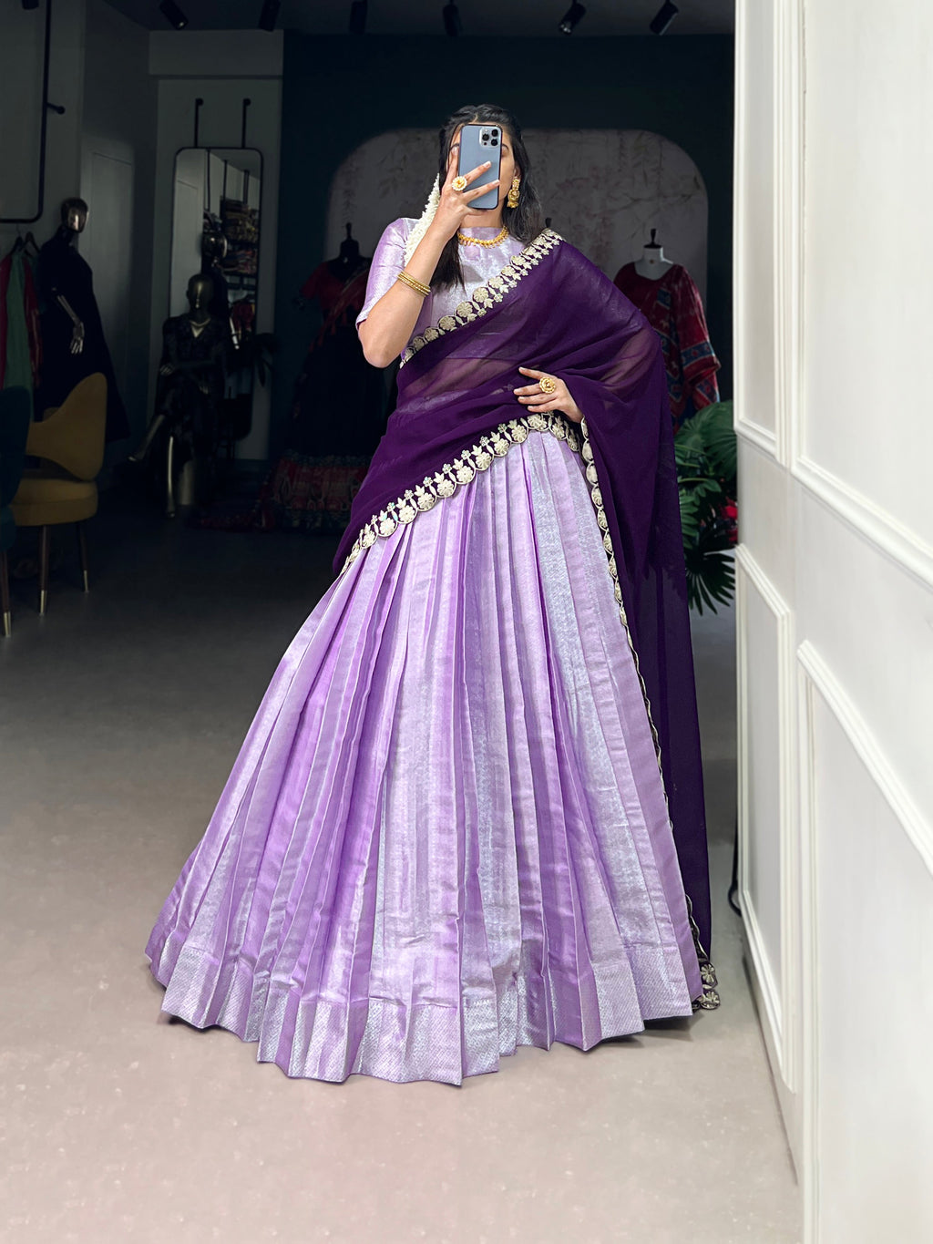 Lorenvalley Lavender Jacquard Silk weaving work Lehenga Choli with Dupatta | Grocsy