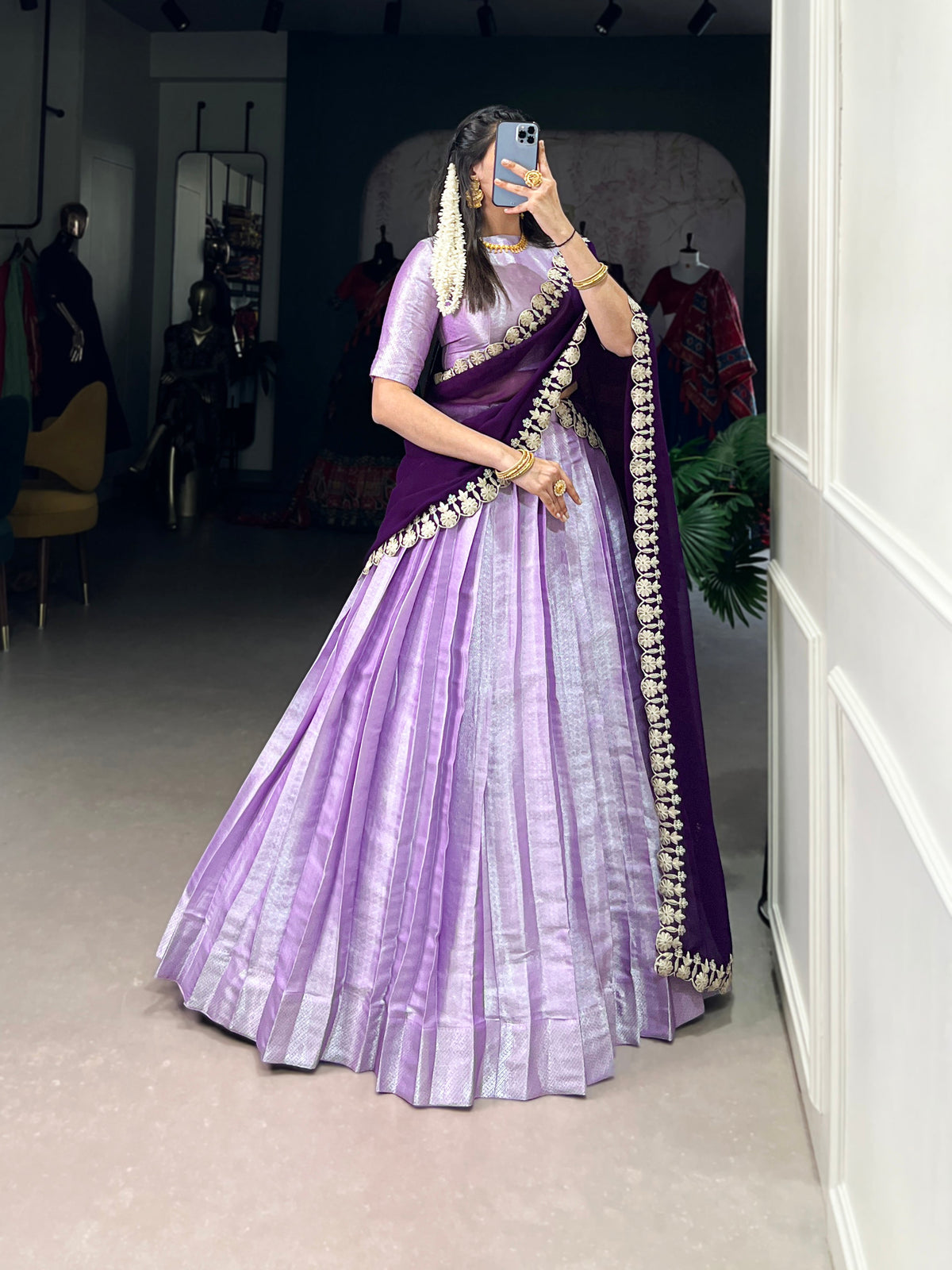 Lorenvalley Lavender Jacquard Silk weaving work Lehenga Choli with Dupatta | Grocsy