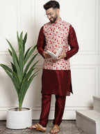 Sojanya Men Maroon & Beige Solid Kurta with Churidar & Printed Nehru Jacket | Grocsy