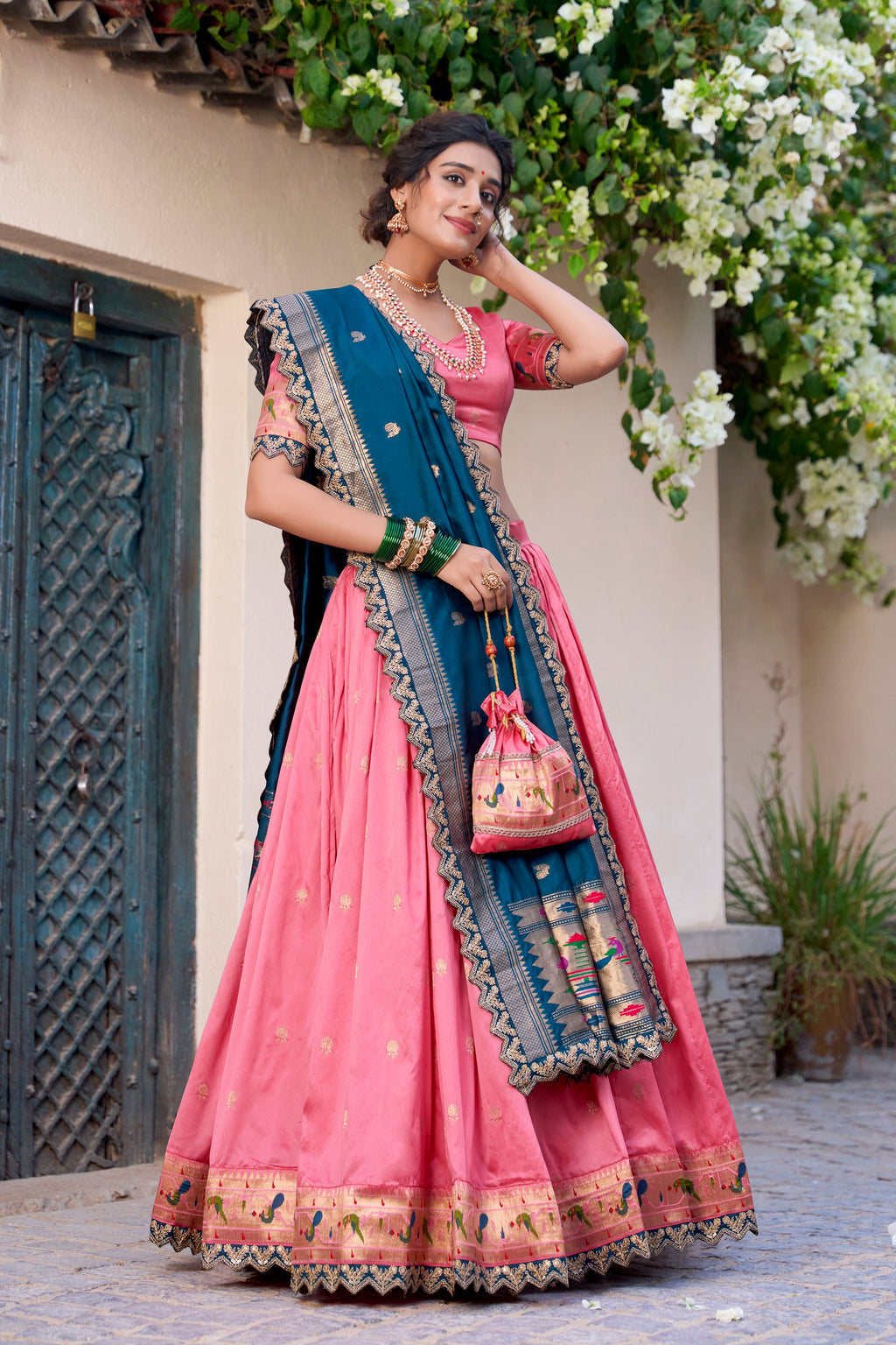 Lorenvalley Light Pink Jacquard Silk Paithani Zari Weaving Work With Sequins and Thread Embroidery Scallop Lace Border Lehenga Choli with Dupatta | Grocsy