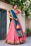 Lorenvalley Light Pink Jacquard Silk Paithani Zari Weaving Work With Sequins and Thread Embroidery Scallop Lace Border Lehenga Choli with Dupatta | Grocsy
