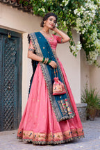 Lorenvalley Light Pink Jacquard Silk Paithani Zari Weaving Work With Sequins and Thread Embroidery Scallop Lace Border Lehenga Choli with Dupatta | Grocsy