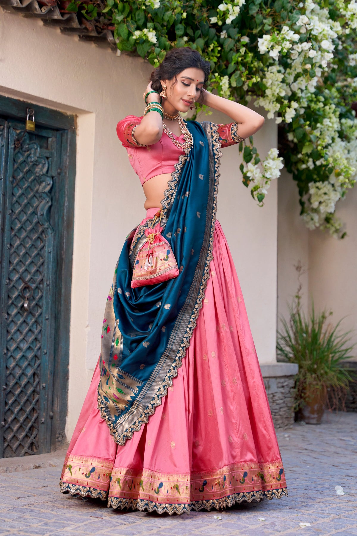 Lorenvalley Light Pink Jacquard Silk Paithani Zari Weaving Work With Sequins and Thread Embroidery Scallop Lace Border Lehenga Choli with Dupatta | Grocsy