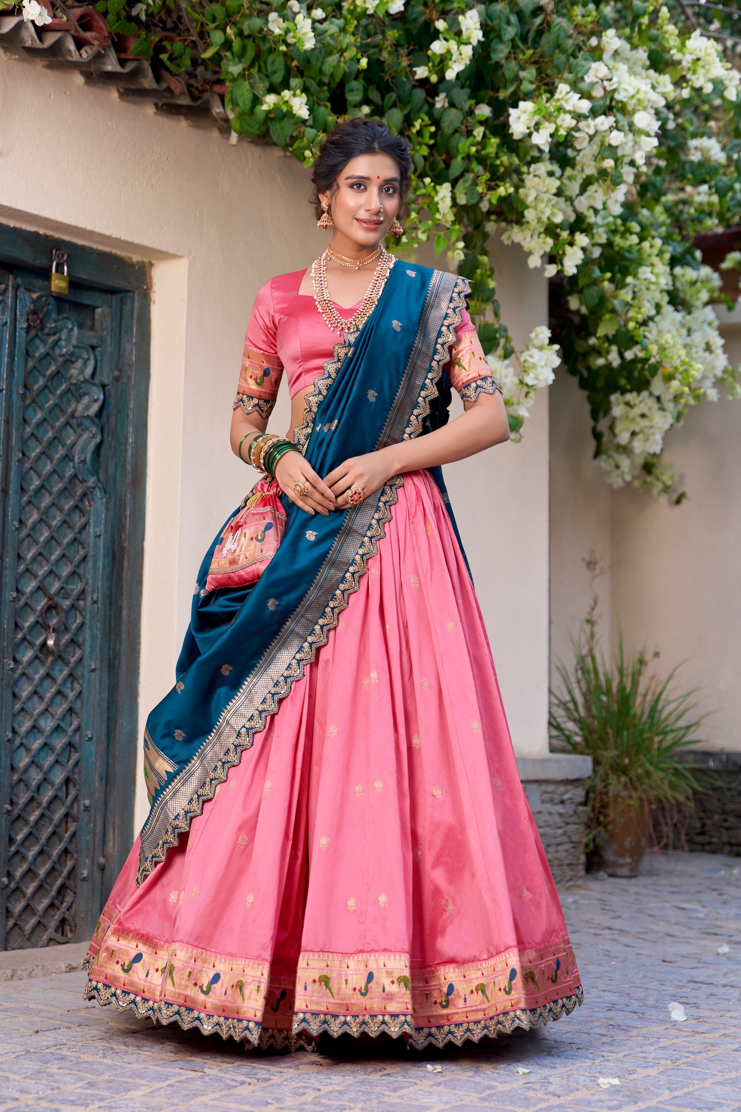 Lorenvalley Light Pink Jacquard Silk Paithani Zari Weaving Work With Sequins and Thread Embroidery Scallop Lace Border Lehenga Choli with Dupatta | Grocsy