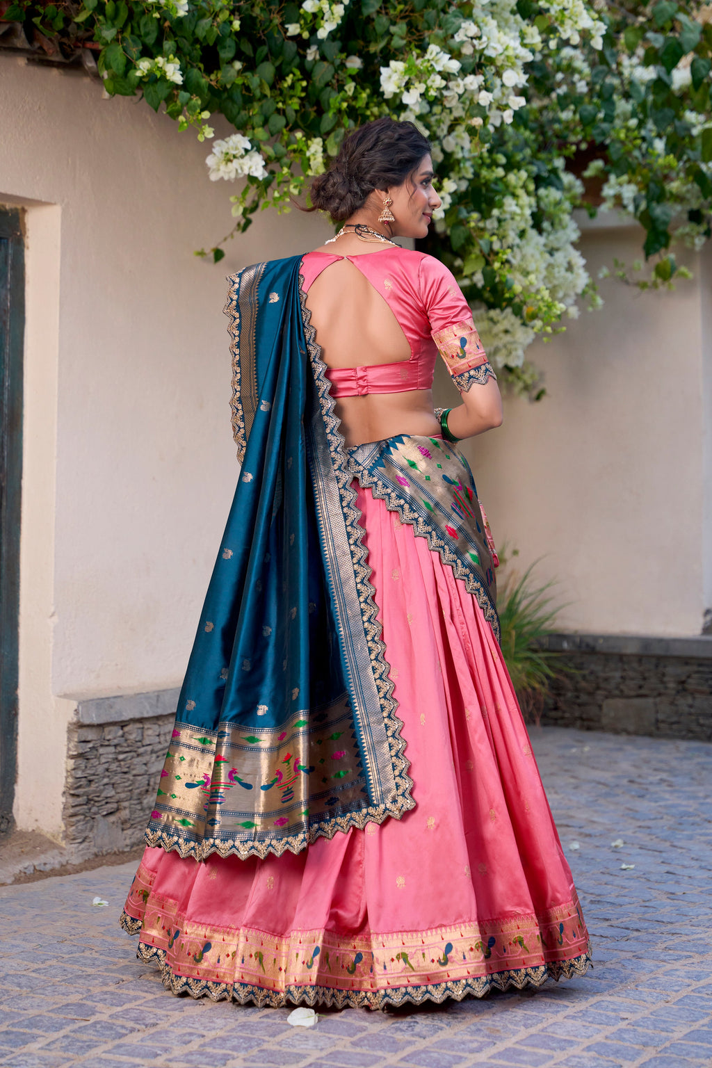 Lorenvalley Light Pink Jacquard Silk Paithani Zari Weaving Work With Sequins and Thread Embroidery Scallop Lace Border Lehenga Choli with Dupatta | Grocsy