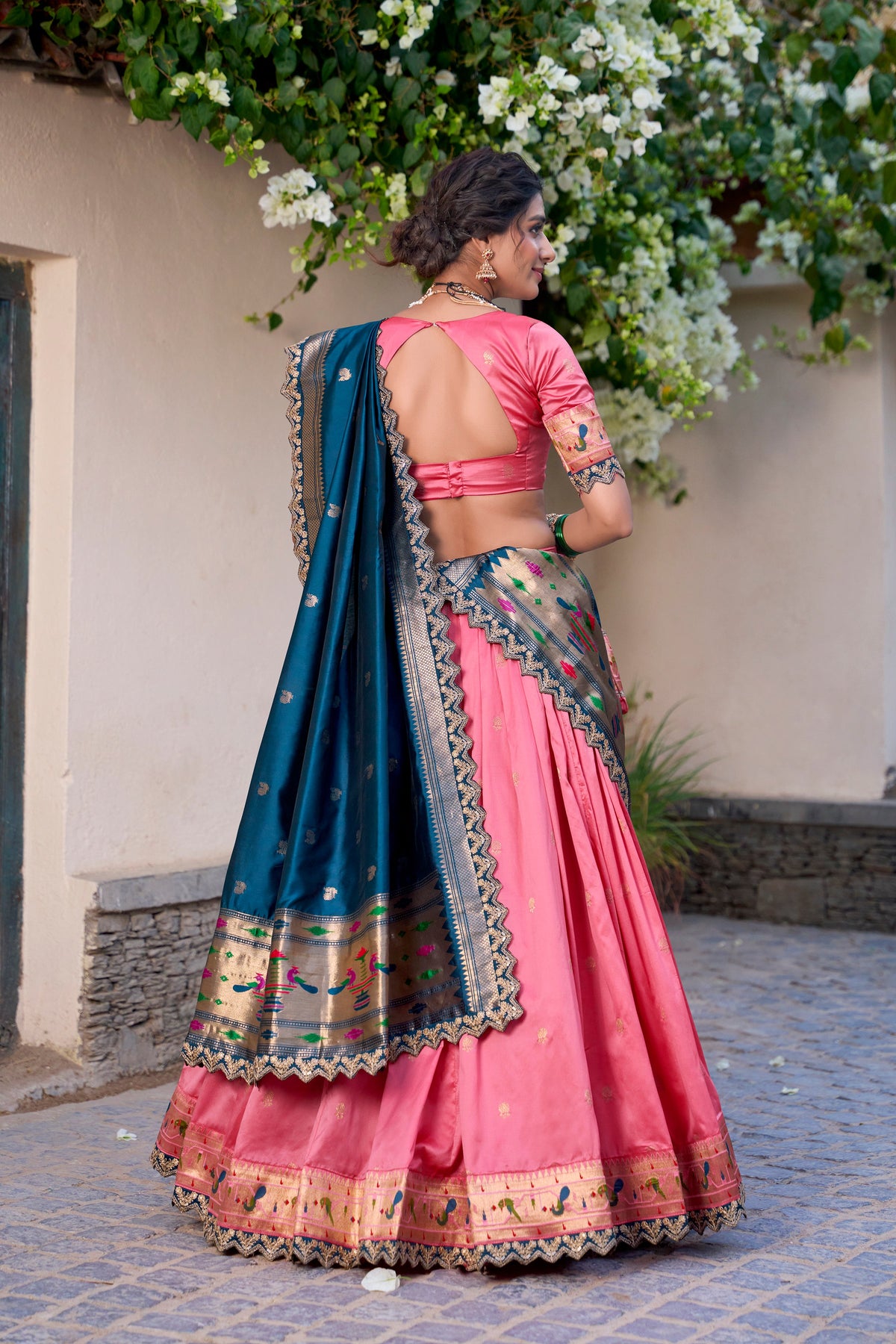 Lorenvalley Light Pink Jacquard Silk Paithani Zari Weaving Work With Sequins and Thread Embroidery Scallop Lace Border Lehenga Choli with Dupatta | Grocsy