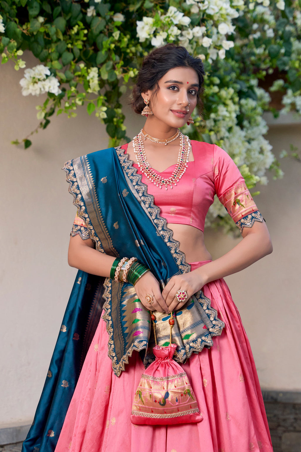 Lorenvalley Light Pink Jacquard Silk Paithani Zari Weaving Work With Sequins and Thread Embroidery Scallop Lace Border Lehenga Choli with Dupatta | Grocsy