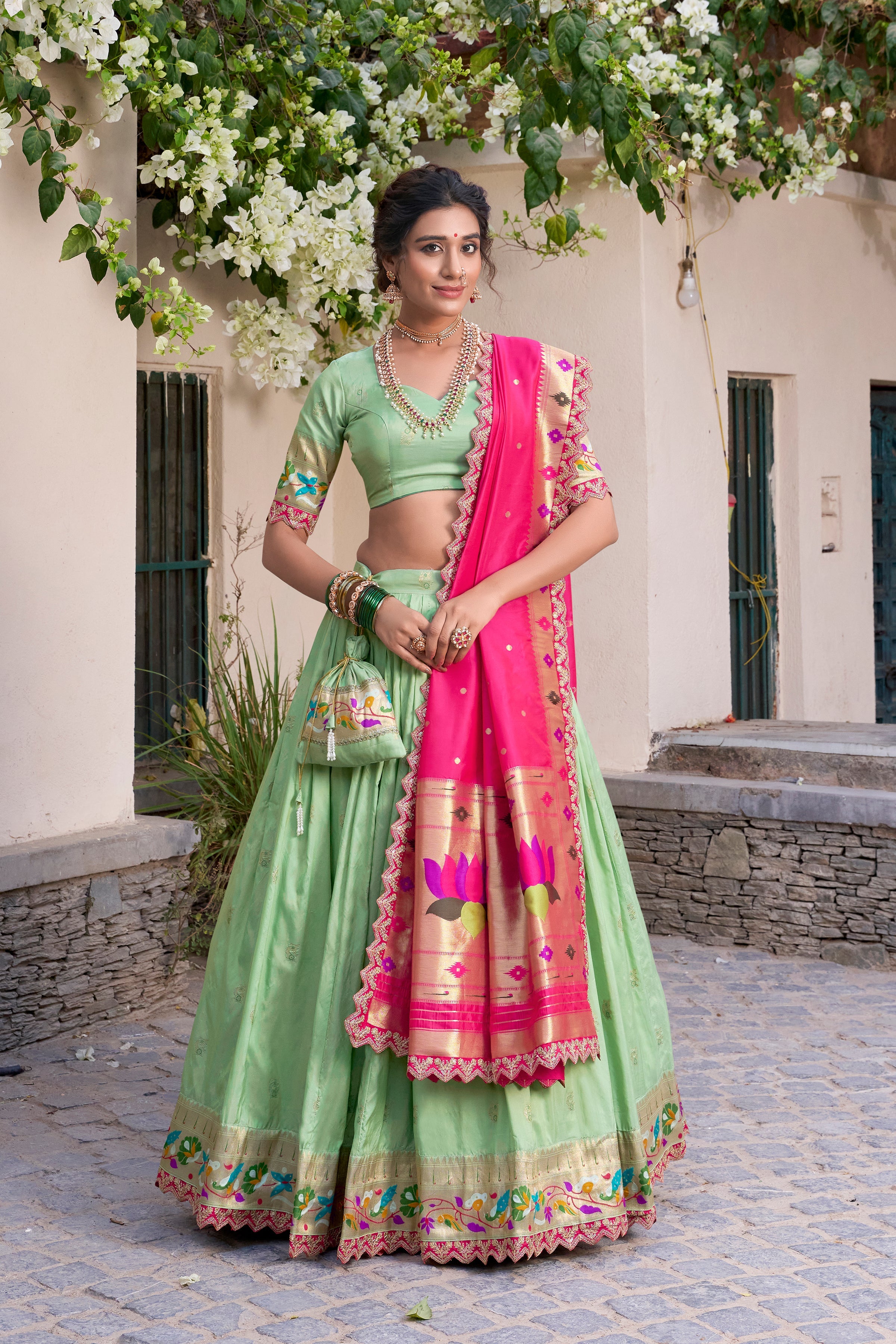Lorenvalley Pista Jacquard Silk Paithani Zari Weaving Work With Sequins and Thread Embroidery Scallop Lace Border Lehenga Choli with Dupatta | Grocsy