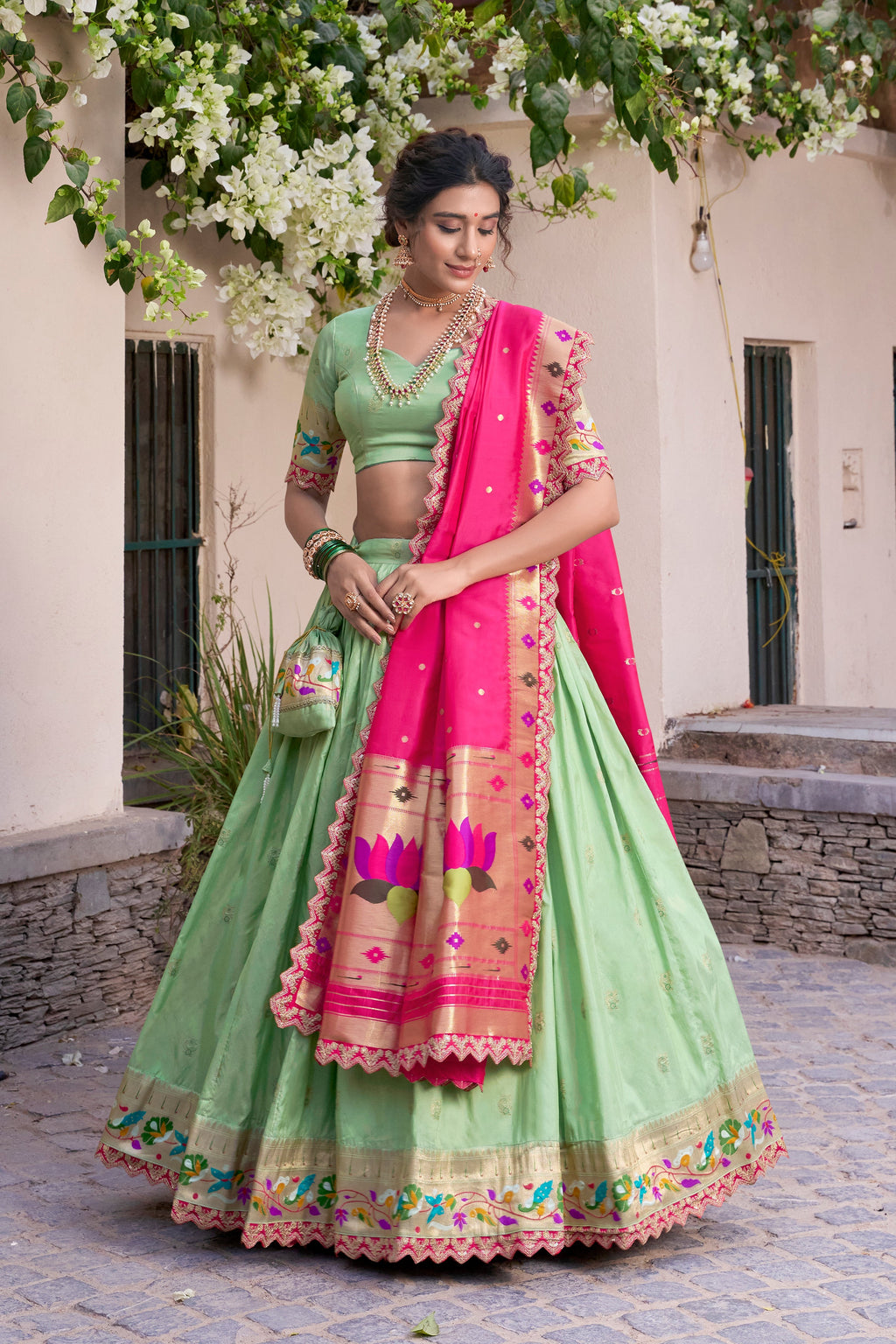 Lorenvalley Pista Jacquard Silk Paithani Zari Weaving Work With Sequins and Thread Embroidery Scallop Lace Border Lehenga Choli with Dupatta | Grocsy