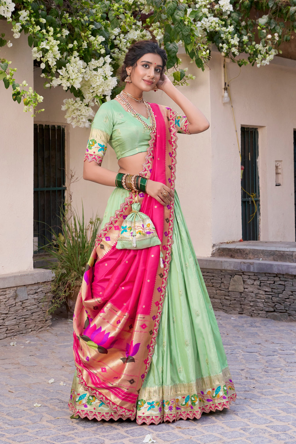 Lorenvalley Pista Jacquard Silk Paithani Zari Weaving Work With Sequins and Thread Embroidery Scallop Lace Border Lehenga Choli with Dupatta | Grocsy