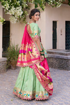 Lorenvalley Pista Jacquard Silk Paithani Zari Weaving Work With Sequins and Thread Embroidery Scallop Lace Border Lehenga Choli with Dupatta | Grocsy