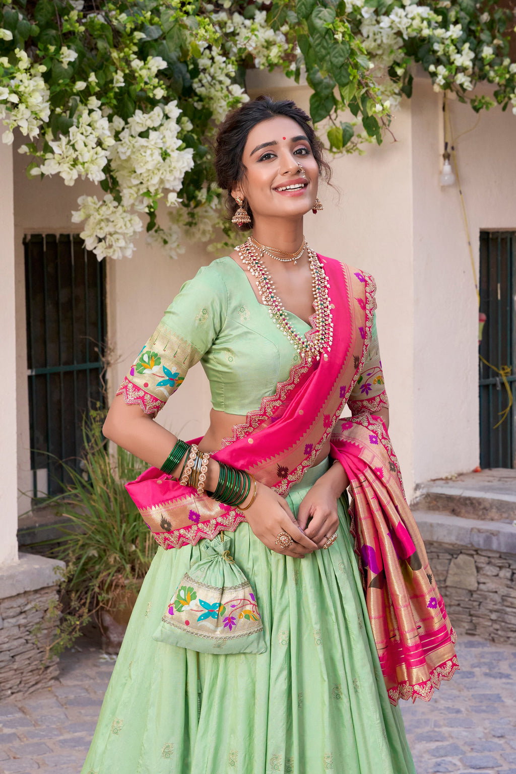 Lorenvalley Pista Jacquard Silk Paithani Zari Weaving Work With Sequins and Thread Embroidery Scallop Lace Border Lehenga Choli with Dupatta | Grocsy