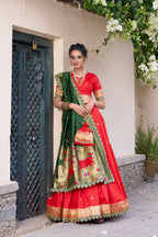 Lorenvalley Red Jacquard Silk Paithani Zari Weaving Work With Sequins and Thread Embroidery Scallop Lace Border Lehenga Choli with Dupatta | Grocsy