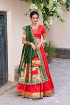Lorenvalley Red Jacquard Silk Paithani Zari Weaving Work With Sequins and Thread Embroidery Scallop Lace Border Lehenga Choli with Dupatta | Grocsy