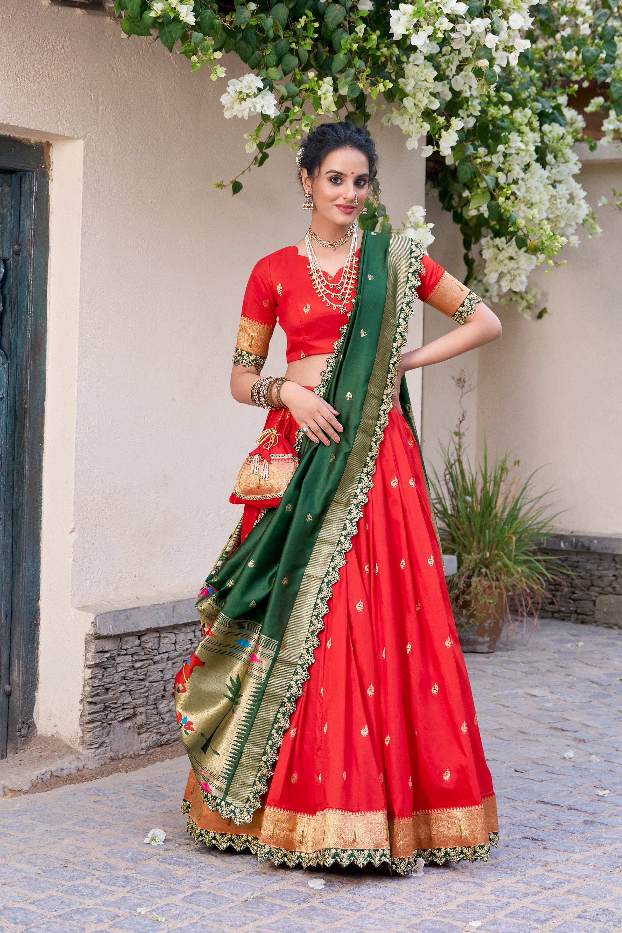Lorenvalley Red Jacquard Silk Paithani Zari Weaving Work With Sequins and Thread Embroidery Scallop Lace Border Lehenga Choli with Dupatta | Grocsy