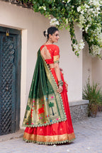 Lorenvalley Red Jacquard Silk Paithani Zari Weaving Work With Sequins and Thread Embroidery Scallop Lace Border Lehenga Choli with Dupatta | Grocsy