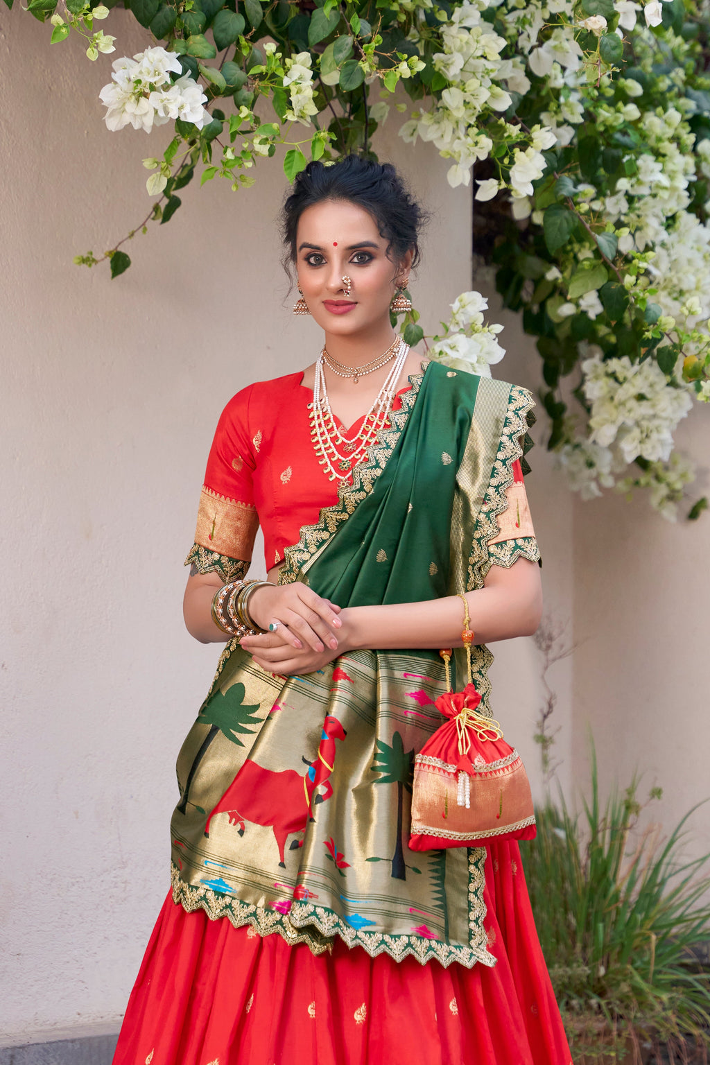 Lorenvalley Red Jacquard Silk Paithani Zari Weaving Work With Sequins and Thread Embroidery Scallop Lace Border Lehenga Choli with Dupatta | Grocsy