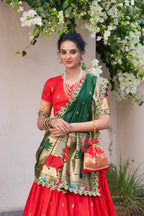 Lorenvalley Red Jacquard Silk Paithani Zari Weaving Work With Sequins and Thread Embroidery Scallop Lace Border Lehenga Choli with Dupatta | Grocsy