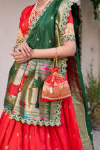 Lorenvalley Red Jacquard Silk Paithani Zari Weaving Work With Sequins and Thread Embroidery Scallop Lace Border Lehenga Choli with Dupatta | Grocsy