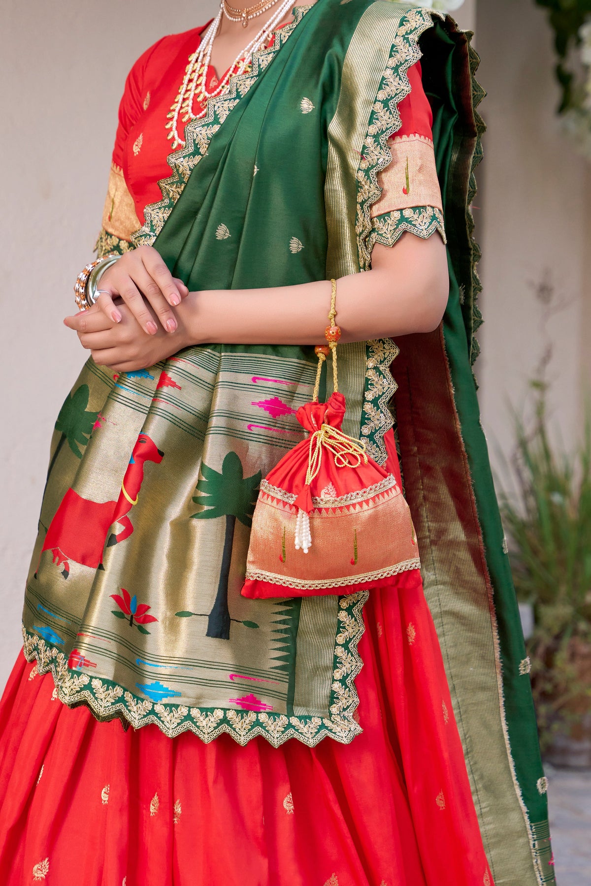 Lorenvalley Red Jacquard Silk Paithani Zari Weaving Work With Sequins and Thread Embroidery Scallop Lace Border Lehenga Choli with Dupatta | Grocsy