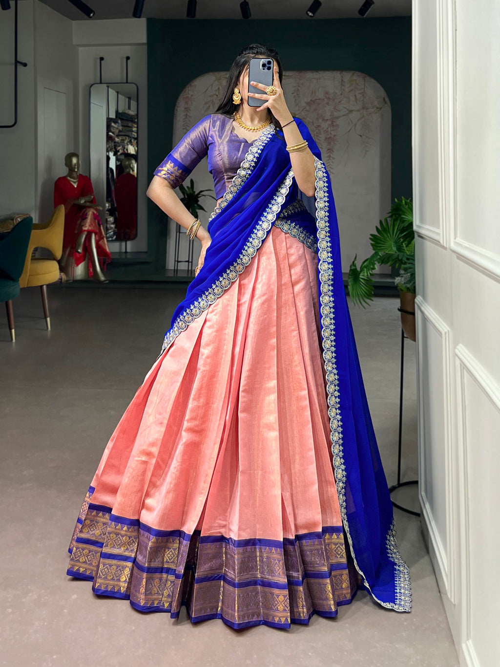 Lorenvalley Fashion Peach Kanchipuram Zari Weaving Work Lehenga Choli with Dupatta | Grocsy