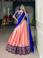 Lorenvalley Fashion Peach Kanchipuram Zari Weaving Work Lehenga Choli with Dupatta | Grocsy