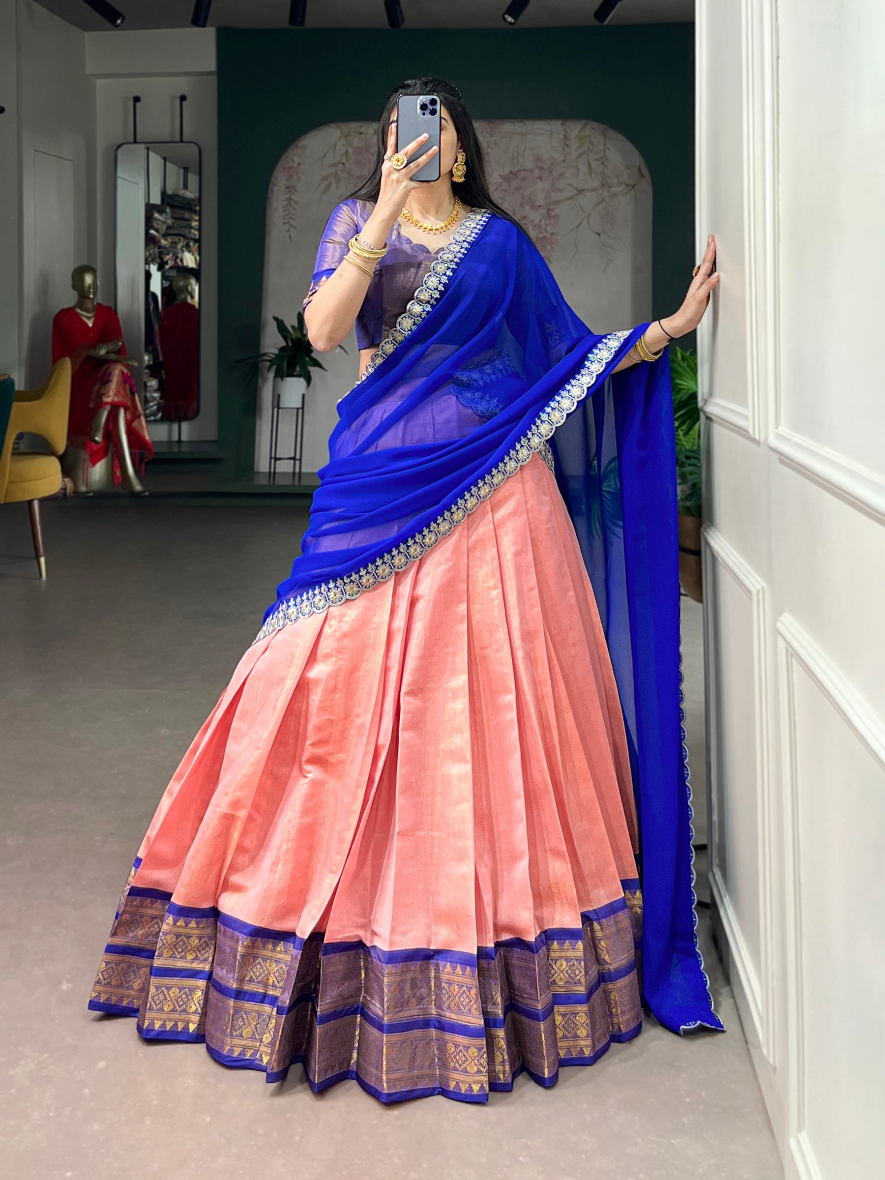 Lorenvalley Fashion Peach Kanchipuram Zari Weaving Work Lehenga Choli with Dupatta | Grocsy