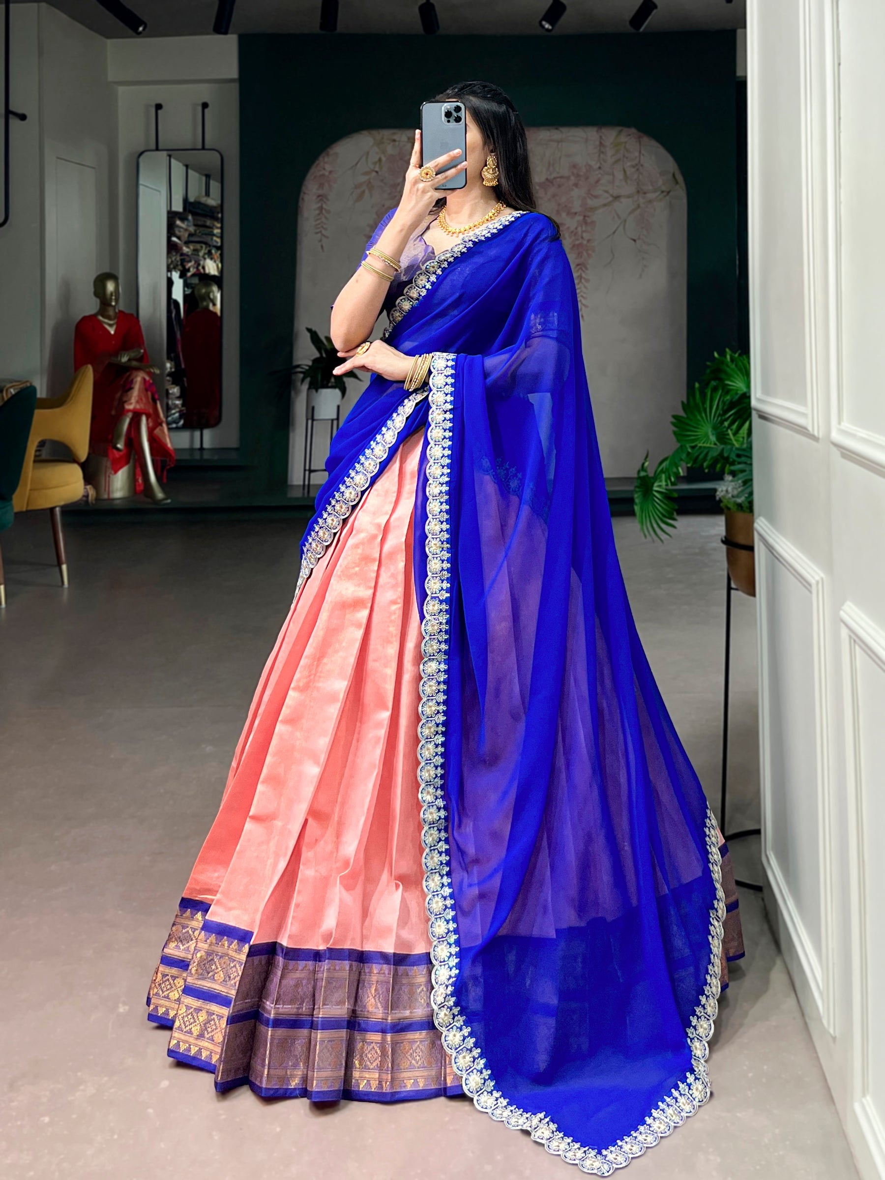 Lorenvalley Fashion Peach Kanchipuram Zari Weaving Work Lehenga Choli with Dupatta | Grocsy