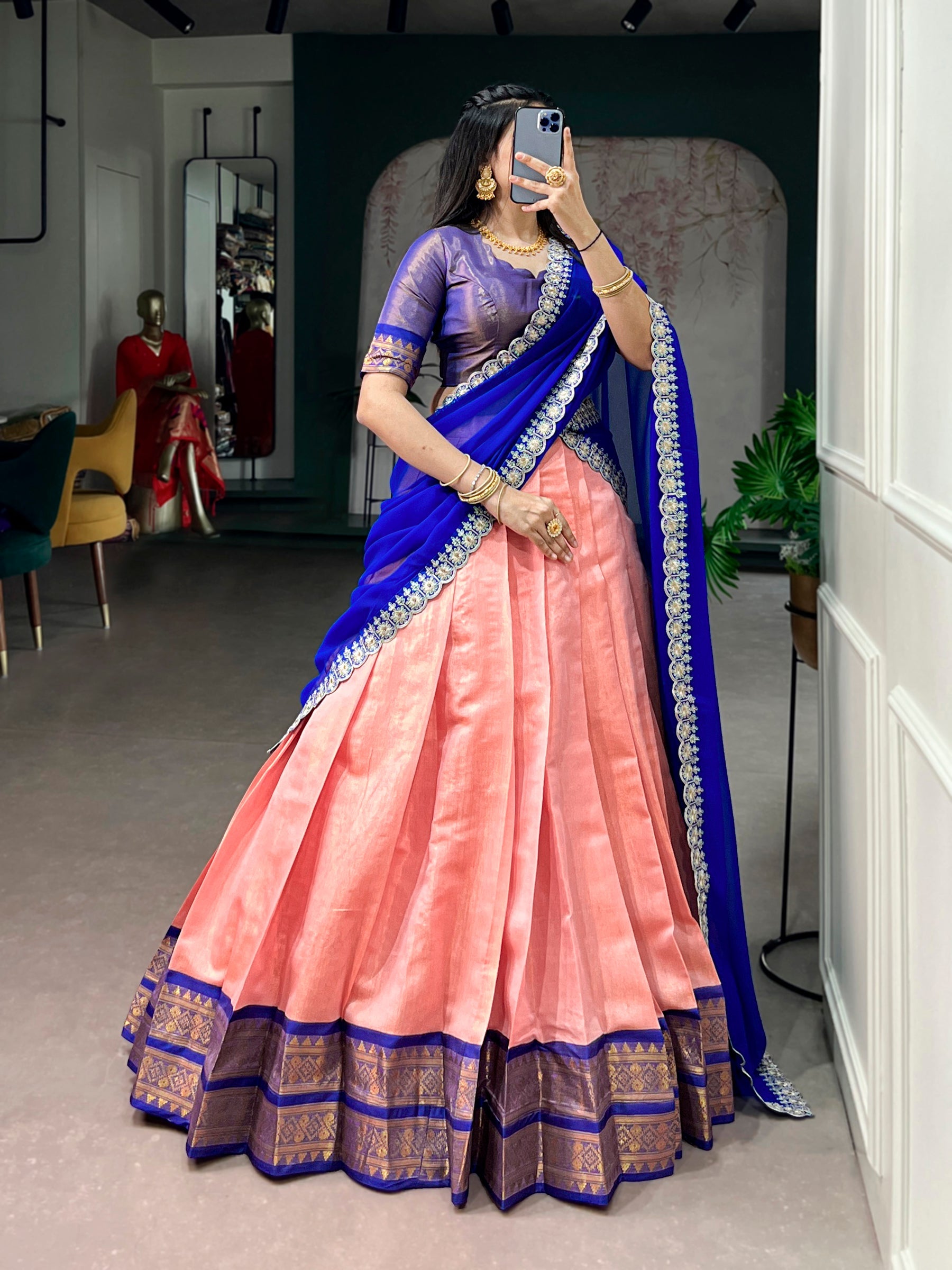 Lorenvalley Fashion Peach Kanchipuram Zari Weaving Work Lehenga Choli with Dupatta | Grocsy