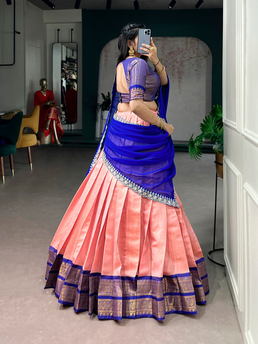 Lorenvalley Fashion Peach Kanchipuram Zari Weaving Work Lehenga Choli with Dupatta | Grocsy