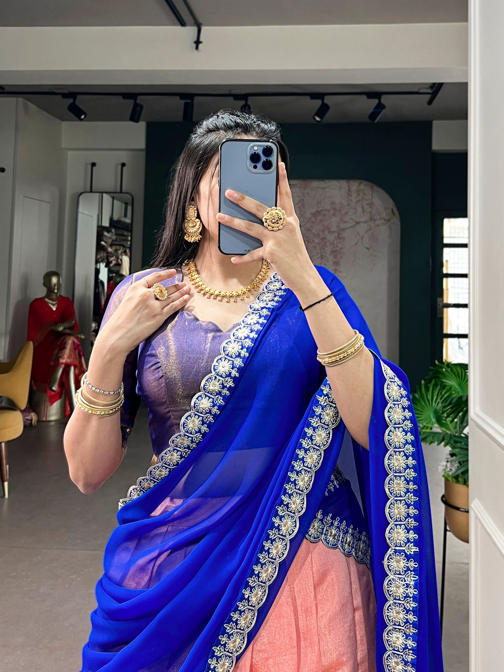 Lorenvalley Fashion Peach Kanchipuram Zari Weaving Work Lehenga Choli with Dupatta | Grocsy