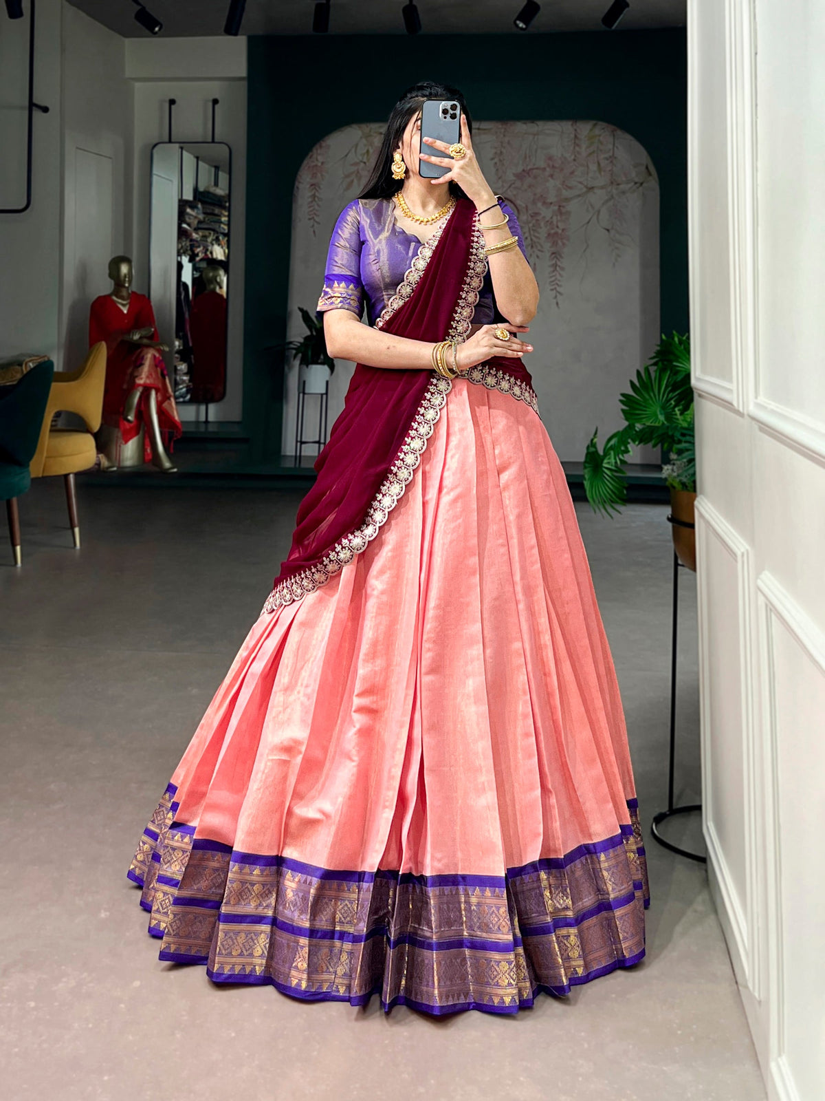 Lorenvalley Fashion Peach Kanchipuram Zari Weaving Work Lehenga Choli with Dupatta | Grocsy
