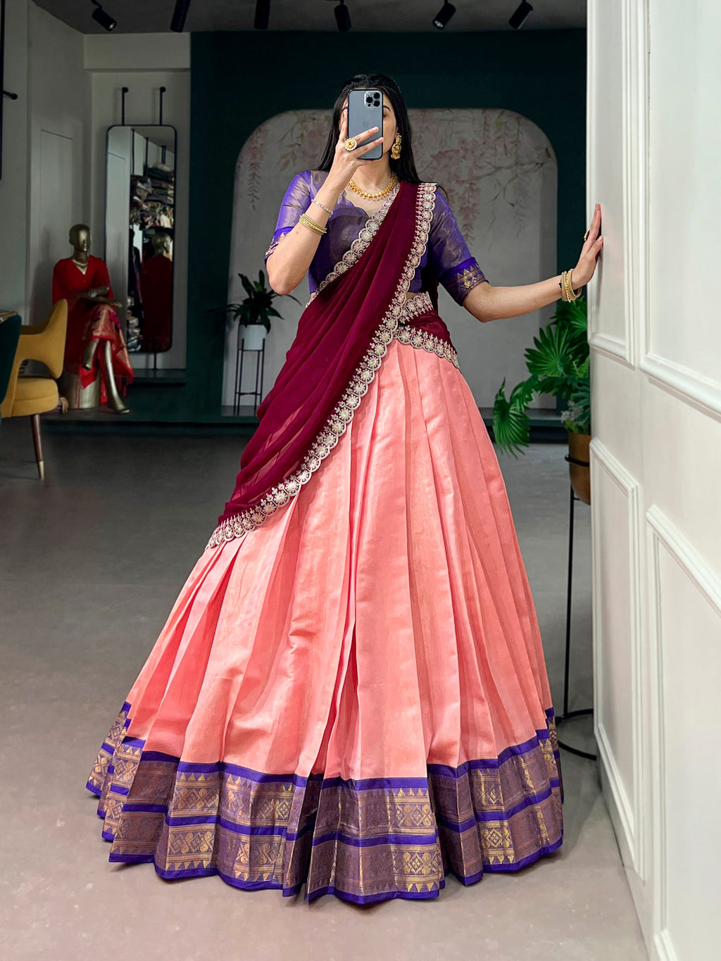 Lorenvalley Fashion Peach Kanchipuram Zari Weaving Work Lehenga Choli with Dupatta | Grocsy